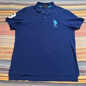 US Polo Assn Polo Shirt Men Large Blue Short Sleeve‎ "3" Logo Pique Cotton